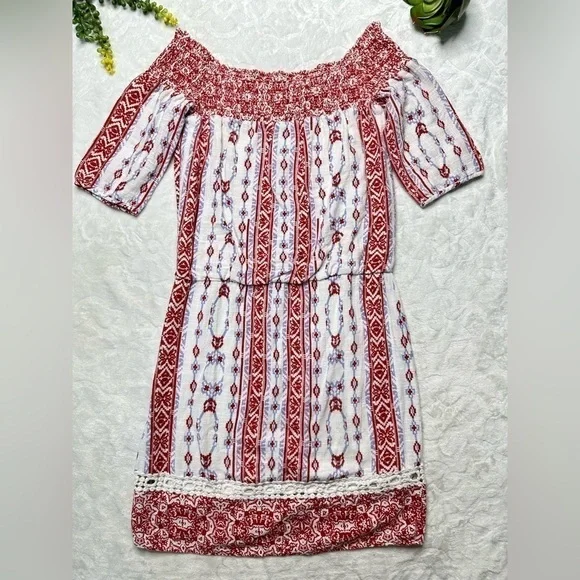 Saylor x Revolve Blossom Off The Shoulder Boho Printed Mini Dress in White Red S - Picture 3 of 15
